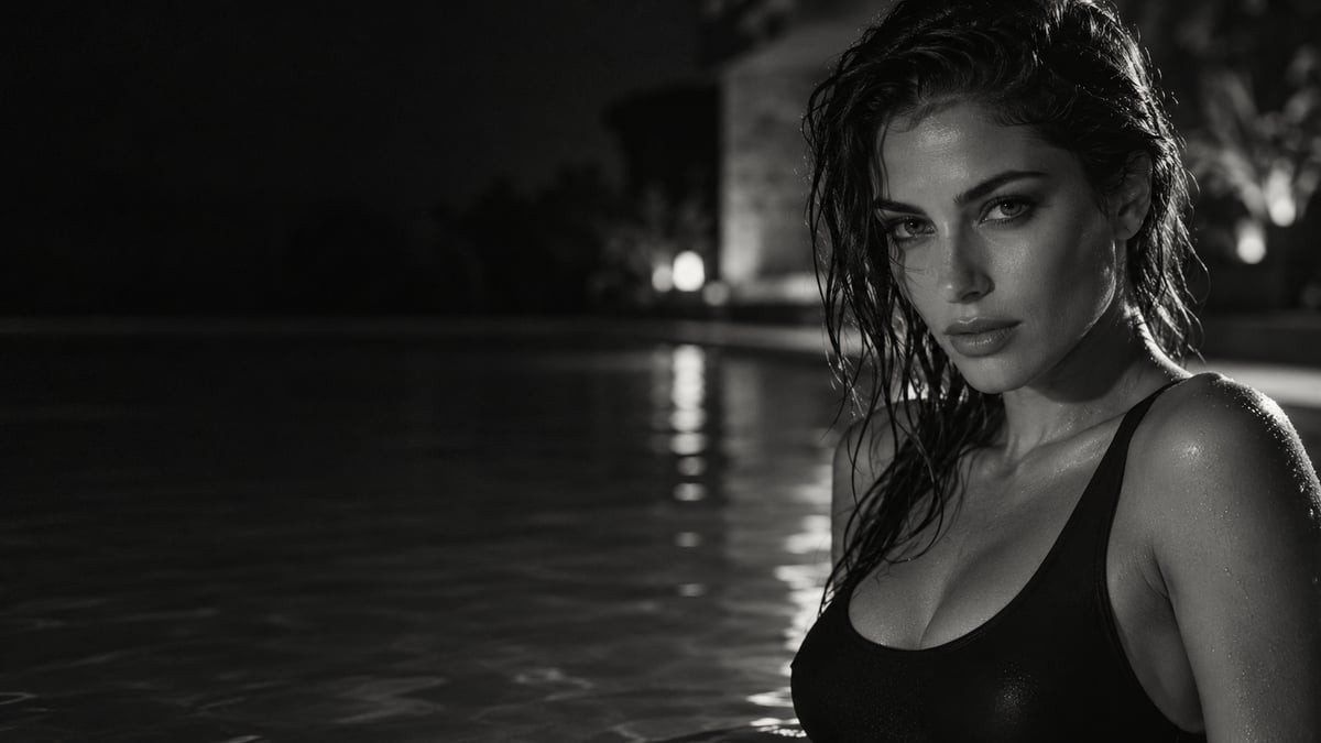Ritratto in bianco e nero di una donna adulta in costume accanto a una piscina di notte